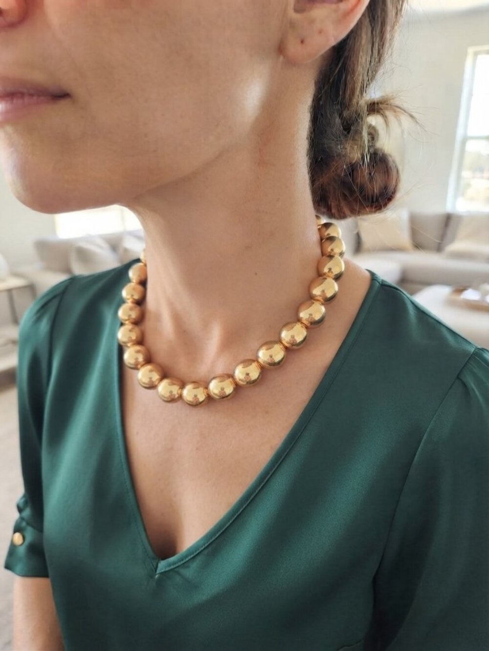 Chunky Gold Bead Statement Necklace Bold Sphere Collar Chic Jewelry - Picture 2 of 11